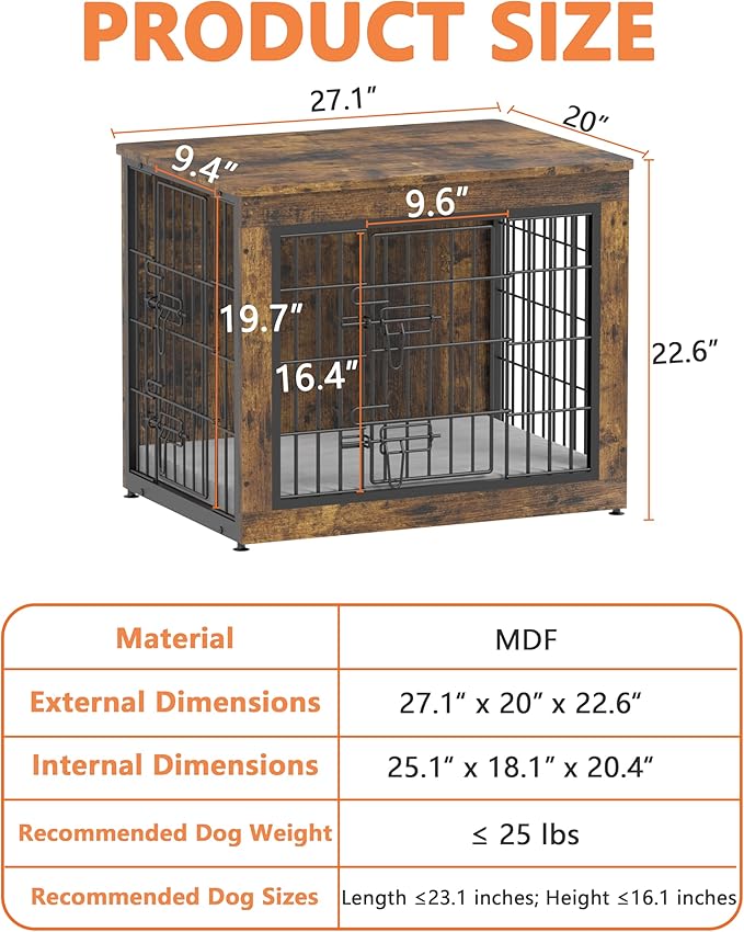 Piskyet Dog Crate Furniture with Cushion,Heavy-Duty Reinforced Metal Mesh,27" Wooden Dog Crate End Table with Double Doors,Indoor Dog Kennel,Dog Cage Side Table for Small Breed,Rustic Brown