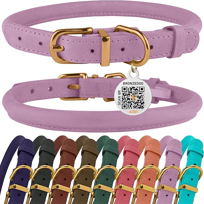 BRONZEDOG Rolled Leather Dog Collar with QR ID Tag Adjustable Soft Round Collars for Small Medium Large Dogs Puppy Cat (Lavender, 9-11 inch)