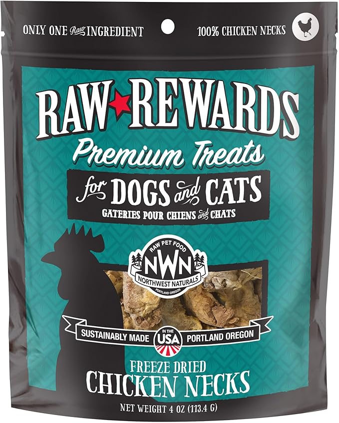 Northwest Naturals Raw Rewards Freeze-Dried Chicken Neck Treats for Dogs and Cats - Whole Neck - Healthy, 1 Ingredient, Human Grade Pet Food, All Natural - 4 Oz