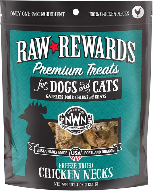 Northwest Naturals Raw Rewards Freeze-Dried Chicken Neck Treats for Dogs and Cats - Whole Neck - Healthy, 1 Ingredient, Human Grade Pet Food, All Natural - 4 Oz