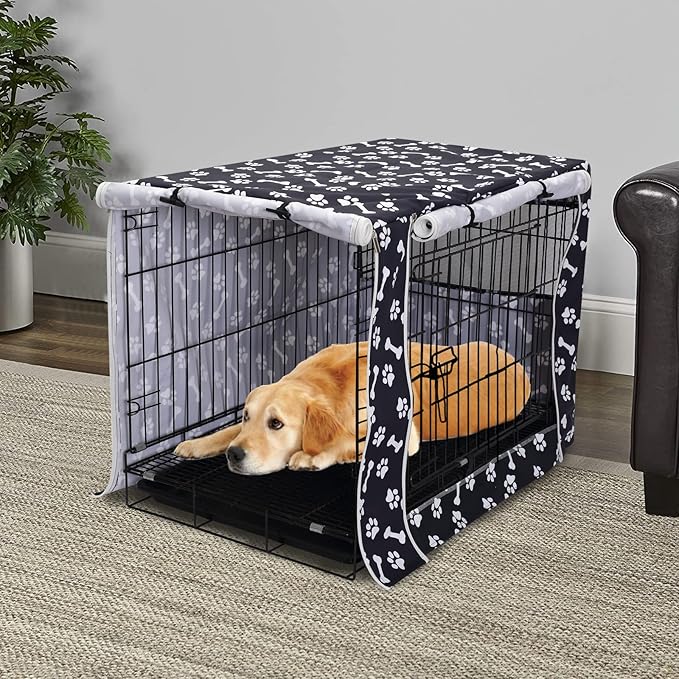 Morezi Dog Crate Cover for Wire Crates,Cage, Heavy Nylon Durable Waterproof Windproof Pet Kennel Cover Indoor Outdoor Protection - Cover only - Black Paw Bone - Large