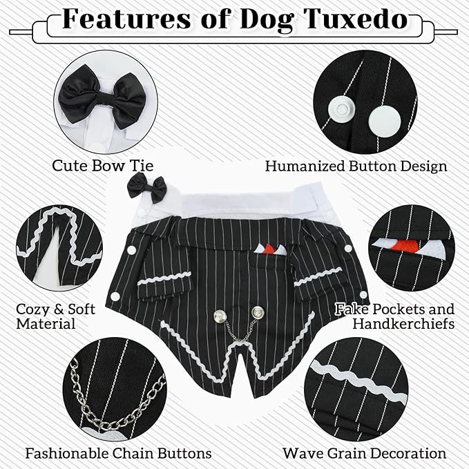 DENTRUN Dog Tuxedo Suit with Bow Tie - Formal Black & White Striped Pet Costume Shirt, Elegant Wedding Outfit Birthday Party Attire for Maltese Dachshund Yorkie Puppies Shih Tzu Small Medium Dogs, M