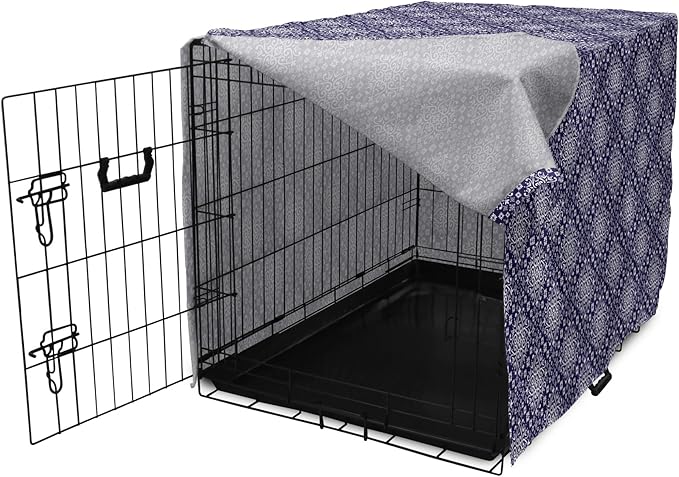 Lunarable Royal Blue Dog Crate Cover, Antique Moroccan Style Exotic Orient Inspired Ceramic Pattern Print Art, Easy to Use Pet Kennel Cover for Medium Large Dogs, 42 Inch, Indigo and White