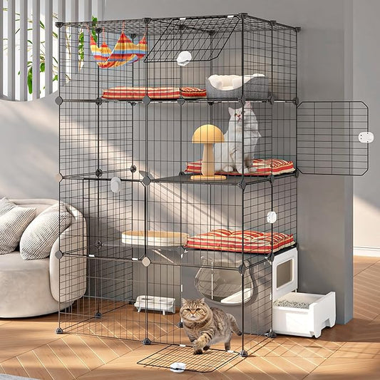 Oneluck Cat Cage with Litter Box, 4-Tier DIY Enclosures Detachable Metal Wire Kennel Indoor Crate Large Exercise Place Ideal for 1-2 Cats