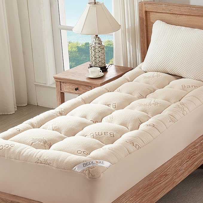 BEDLORE Twin XL Mattress Topper Viscose Derived from Bamboo, Thick Pillow Top Mattress Pad with Deep Pockets for 6-15 inches Mattress, Soft Mattress Topper College Dorm Size for Back Pain(Beige)