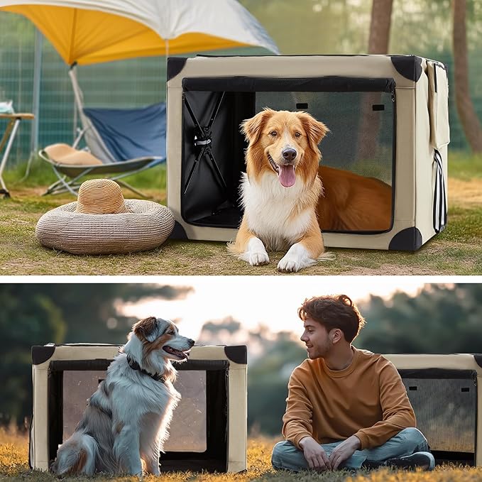 Collapsible Dog Crate - 32 Inch Portable Foldable Travel Crates for Medium Dogs with Detachable Storage Bag, Removable Pad, and Mesh Windows for Outdoor & Indoor (Beige)