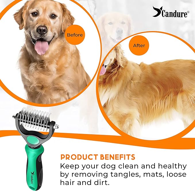 Candure Pet Friendly Double-Sided Dematting Undercoat Rake and Comb for Effective Hair Removal and Shedding Control in Dogs & Cats (Small, Green)