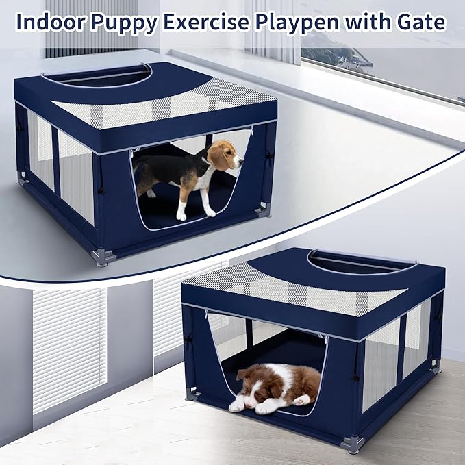 Dog Kitten Playpen with Play Pen Cover for Cat Indoor, 42x42 x25.5 Puppy Playpen for Small Pet with See-Through Topper Proof Enclosed Door Dog Pen, Sturdy Warm Protable Playpen Pen for Cat