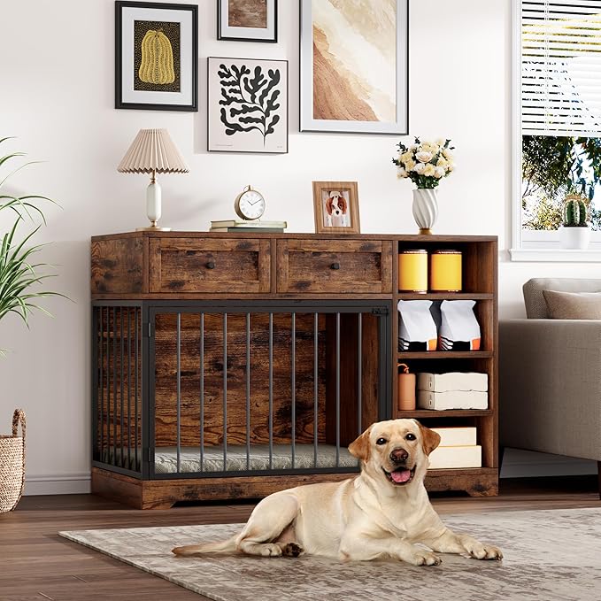 Dog Crate Furniture 47”, Large Dog Crate TV Stand with 2 Drawers and 4 Shelves, Wooden Dog Kennel Indoor, Decorative Dog Cage with Storage for Large Dogs, Brown