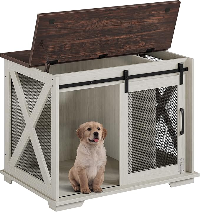 GAOMON 37'' Sliding Barn Door Dog Crate Furniture with Flip Top and Movable Divider, Wooden Dog Crate Table, Dog Kennel Side End Table, Furniture Style Large Dog House, White
