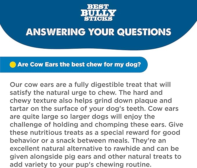 Best Bully Sticks All-Natural Thick-Cut Cow Ears for Small, Medium and Large Dogs - 100% Natural Free-Range Grass-Fed Beef Single Ingredient High Protein, Easily digestible Dog Chew Treats - 12 Pack