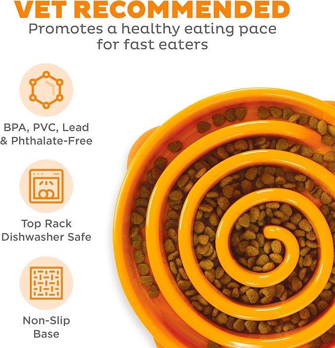 Outward Hound Fun Feeder Slo Bowl, Large Slow Feeder Dog Bowl, 4 Cups, Orange