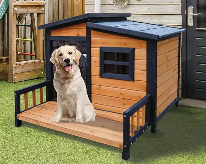 Large Indoor Outdoor Dog House,Wood Insulated Dog House,Weatherproof Outside Shelter with Elevated Floor,Easy to Assemble(39.3" L x 37.5" W x 30" H)