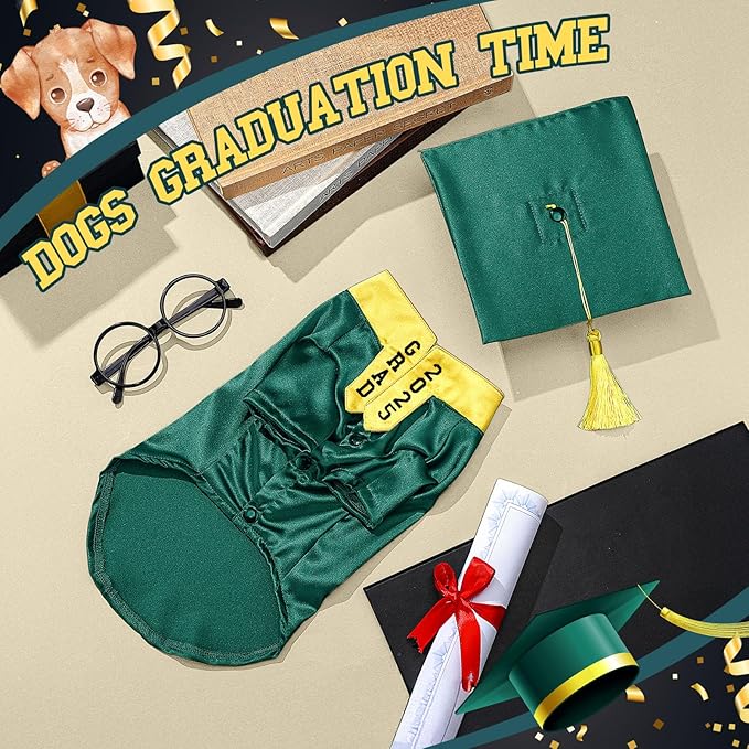 5 Pcs Dog Graduation Costume Set Include 2025 Pet Graduation Gown with Stole Puppy Grad Cap Lensless Glasses DIY Letter Stickers for Dogs Cats Holiday Costume Accessory(Green Yellow,L)