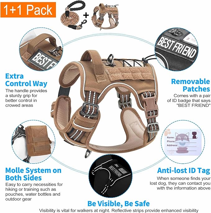 Heavy Duty Tactical Dog Harness for Medium Dogs, No Pull Adjustable Pet Harness Reflective Service Training Easy Control Pet Vest Military K9 Working Dog Harnesses- Medium, Brown