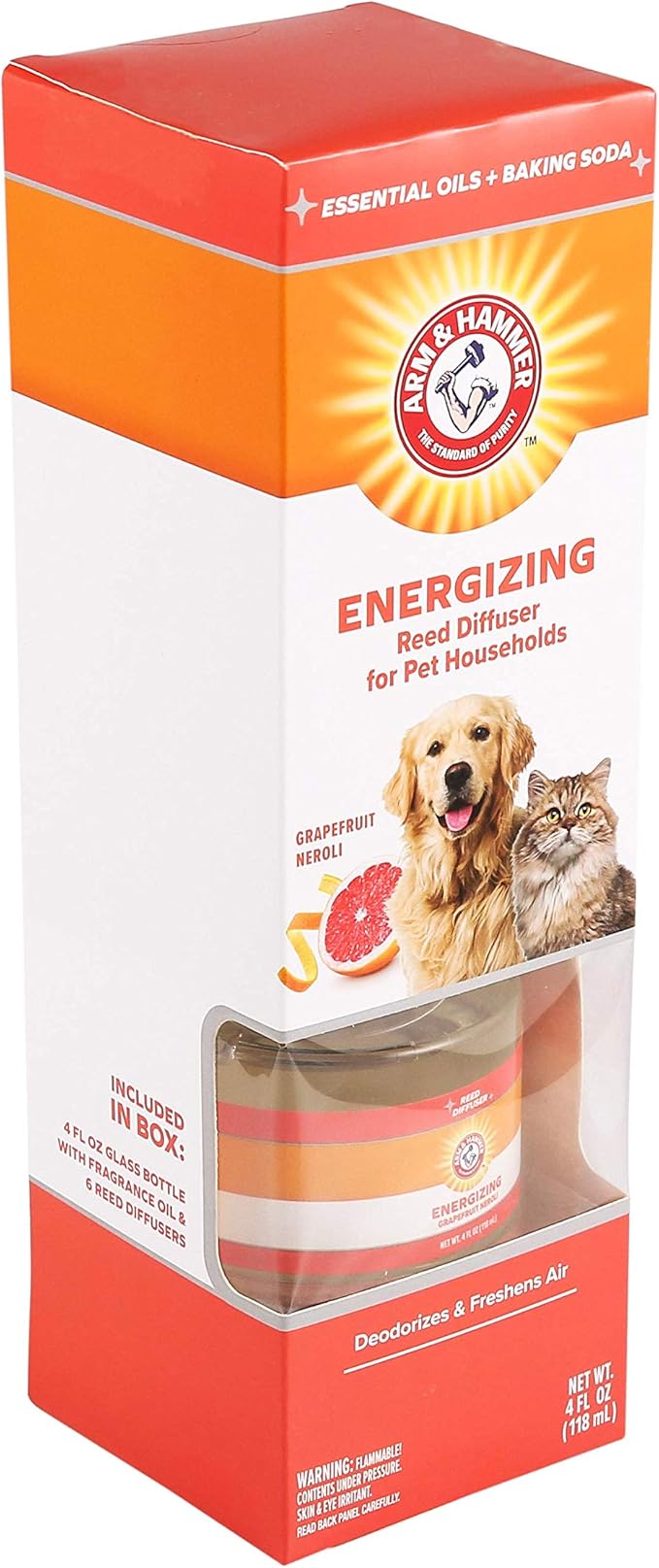 Arm & Hammer for Pets Air Care Energizing Reed Diffuser for Pets | 4 FL Oz Grapefruit Neroli Reed Diffuser to Eliminate Pet Odors | Reed Diffuser for Easy and Effective Pet Odor Elimination