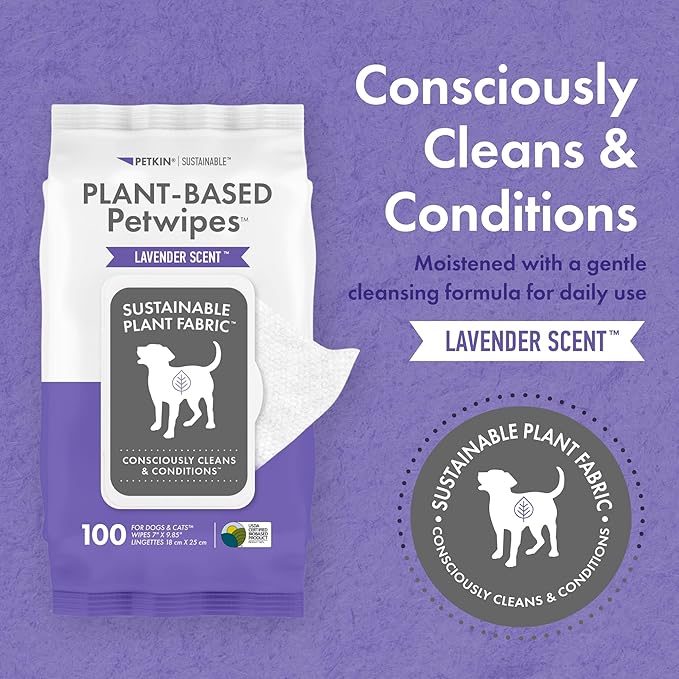 Petkin Plant-Based PetWipes, 100 Wipes - Biobased, Sustainable, Big & Thick Pet Wipes for Dogs & Cats - for Face, Paws, Ears, Body & Eye Area - Consciously Cleans & Conditions - Lavender