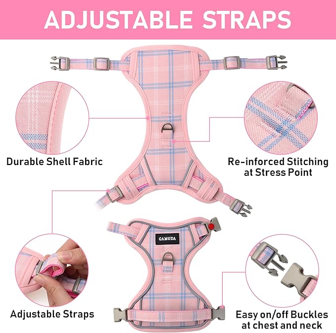 GAMUDA Dog Harness Collar and Leash Set, Dog Harness, No Chock No Pull Adjustable Vest Harnesses Plaid Reflective for Medium Dog, Cat, Small Horse, Small Bull and Pig (Pink, L)