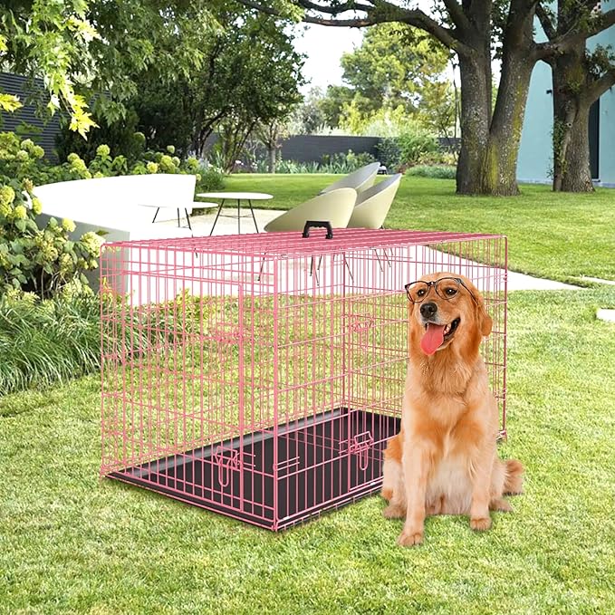 PayLessHere Large Dog Crate Kennel for Medium Large Dogs Metal Dog Cage Double-Door Folding Travel Indoor Outdoor Puppy Playpen with Divider and Handle Plastic Tray (48 Inch, Pink)