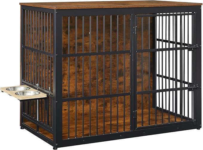 Dog Crate Furniture, 48 Inch Dog Kennel Furniture, Wooden Dog Crate Furniture Large Breed with Rotating Bowls, Heavy Duty Dogs Cage Furniture Indoor, Decorative Crates End Table, Brown