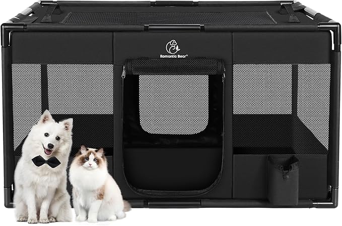 Dog Playpen,Fabric Mesh Dog Fence, Portable Soft Dog Cat Kennel Crate,Breathable Exercise Pet Play Pen for Dogs,PVC Pipe Frame,Indoor Outdoor Pet Fence Cage for Small Animals with Carrying Case(M)
