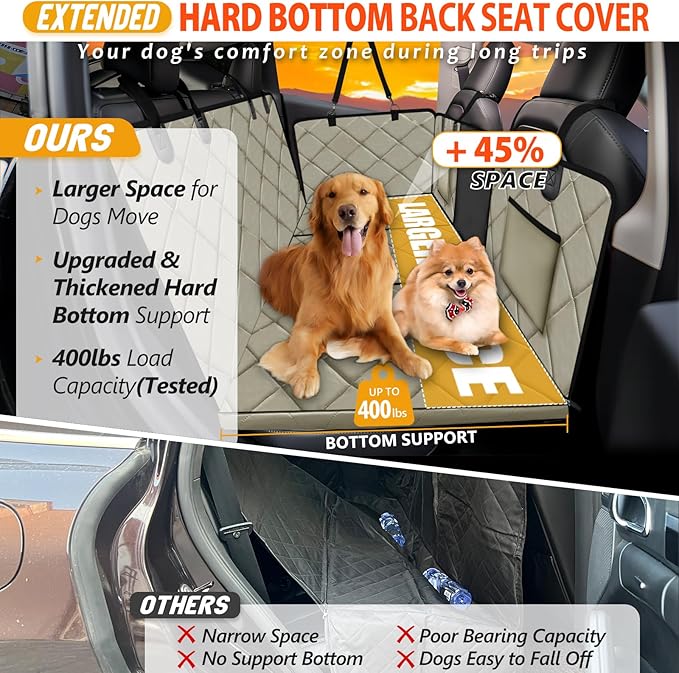 Back Seat Extender for Dogs-Large Space, Dog Car Seat Cover Hard Bottom Holds 400lbs, Sturdy Backseat Extender for Dogs, Waterproof Dog Hammock for Car Dog Car Bed for Car, SUV, Truck Khaki
