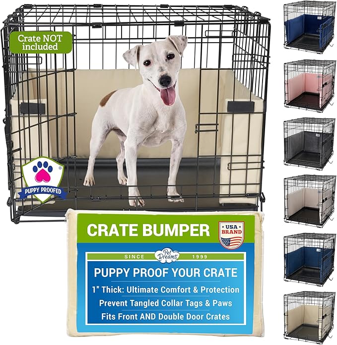 Pet Dreams Dog Crate Bumper - Comfy Liner & Dog Tail Protector for Inside Crate, Fits iCrate Cages 18, 24, 30, 36, 42, 48 Inches (Khaki, XX-Large, 48")