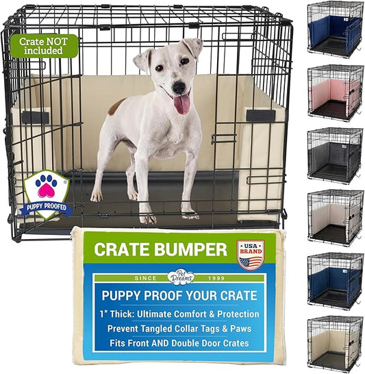 Pet Dreams Dog Crate Bumper - Comfy Liner & Dog Tail Protector for Inside Crate, Fits iCrate Cages 18, 24, 30, 36, 42, 48 Inches (Khaki, Large, 36")