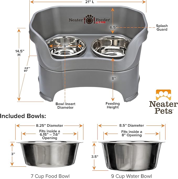 Neater Feeder Deluxe Mess Proof Dog Bowls Elevated for Large Breed – Made in USA – No Spill Raised Dog Food Bowl Stand – Stainless Steel Food and Water Bowl Set, Pet Dish Feeding Station, Grey