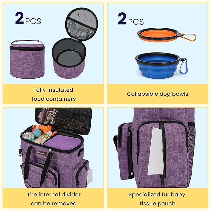 Modoker Dog Travel Organizer Carriers for Supplies & Accessories, Airline Approved Dog Cat Pet Travel Bag, 2 Collapsible Dog Bowls, 2 Travel Dog Food Container, Purple