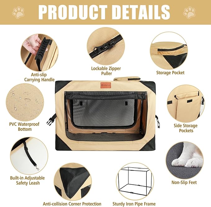 Collapsible & Foldable Travel Dog Crate - Soft, Portable for Medium Dogs, 30 x 21 x 21 Inch