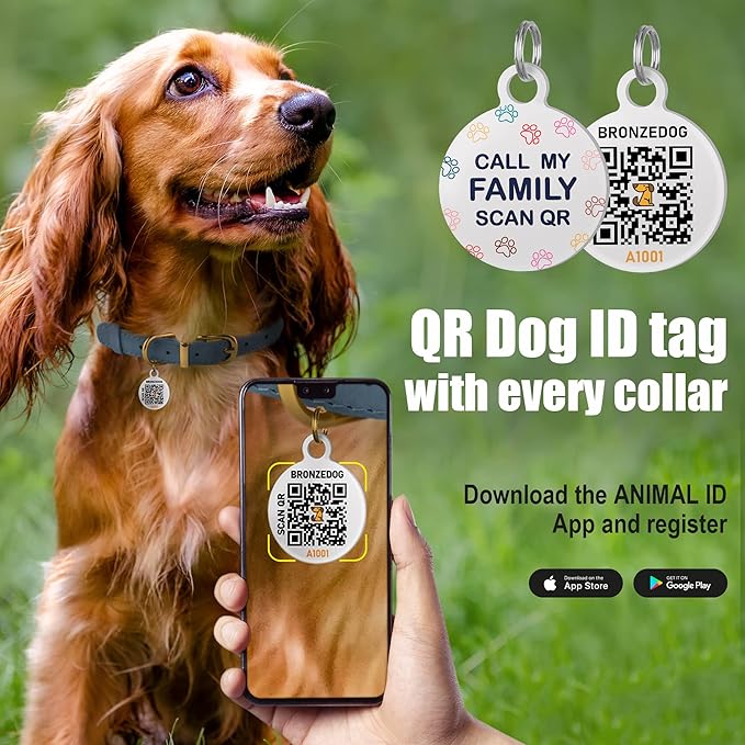 BRONZEDOG Rolled Leather Dog Collar with QR ID Tag Adjustable Soft Round Collars for Small Medium Large Dogs Puppy Cat (14" - 16" Neck Size, Classic Red)