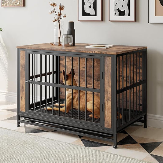 Ball & Cast 38.9" Wooden Dog Kennel with 2 Sliding Doors,Decorative Pet Crate Furniture with Pull-Out Tray,Thick Iron Frame Indoor Dog Cage for Small Dogs,Easy Assembly,Rustic Brown