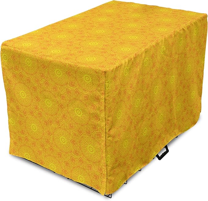 Lunarable Yellow Mandala Dog Crate Cover, Vibrant Colored Abstract Lotus Flowers Native Art Warm Sun Inspired, Easy to Use Pet Kennel Cover for Cats & Medium Dogs, 30 Inch, Yellow Orange