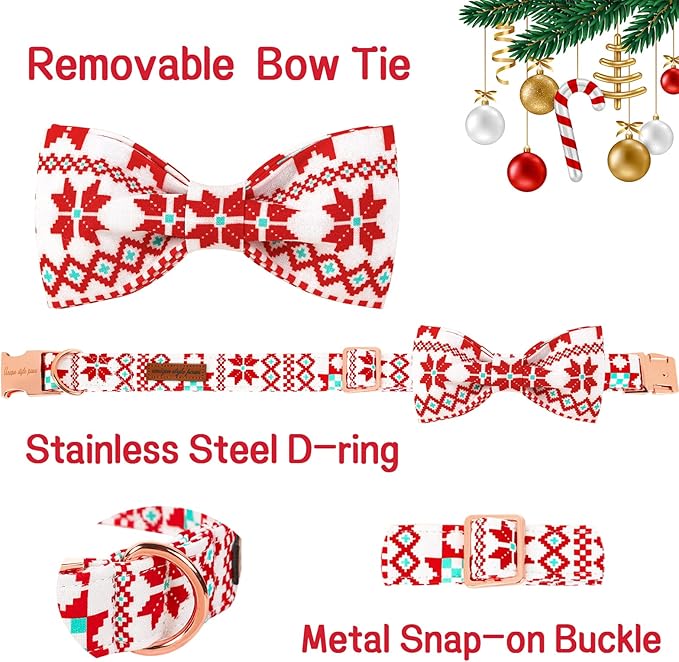 Unique style paws Christmas Dog Collar with Bow Tie Red White Grid Cotton Collar Adjustable Puppy Plaid Collar for Small Medium Large Dogs-XS