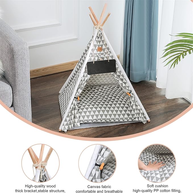 Pet Teepee, Portable Pet Tents for Small Dogs or Cats, Puppy Sweet Bed Washable Dog or Cat Houses with Cushion(Grey2,24)