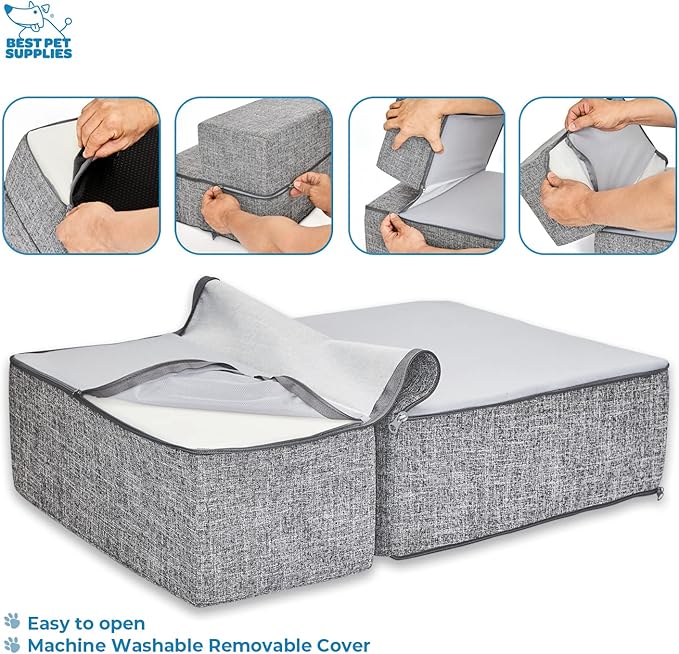 Best Pet Supplies Portable Foldable Foam Pet Stairs/Steps for Couch, Sofa, and High Bed, Non-Slip Bottom Balanced Paw Safe - Gray Linen, Foldable 2-Step (H: 12")