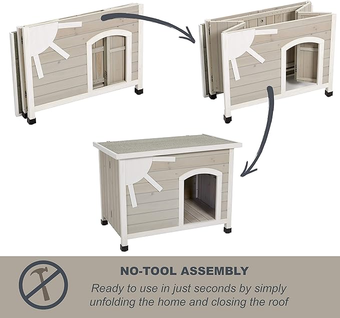 MidWest Homes for Pets Eilio Folding Outdoor Wood Dog House, No Tools Required for Assembly | Dog House Ideal for Medium Dog Breeds, Beige (12EWDH-M)