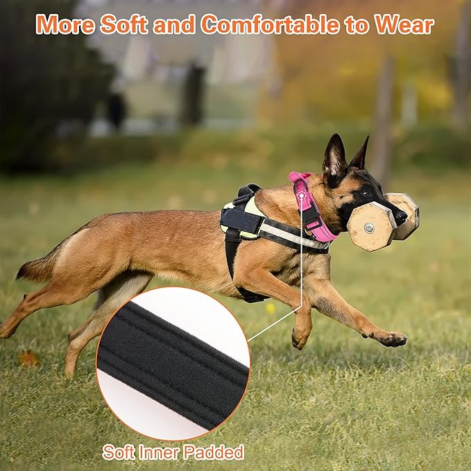 KCUCOP Tactical Dog Collar, Heavy Duty Dog Collar with Handle and Metal Buckle, Military Thick Dog Collars for Medium and Large Dogs(Pink-L-Reflective, 1 Patch)