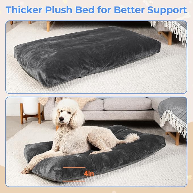 OhGeni Comfort Fluffy Dog Bed with Removable Washable Cover & Waterproof Lining, Chew Proof & Non-Slip Soft Crate Bed for Large, Medium, Small Size Dogs, 47in(Gray)