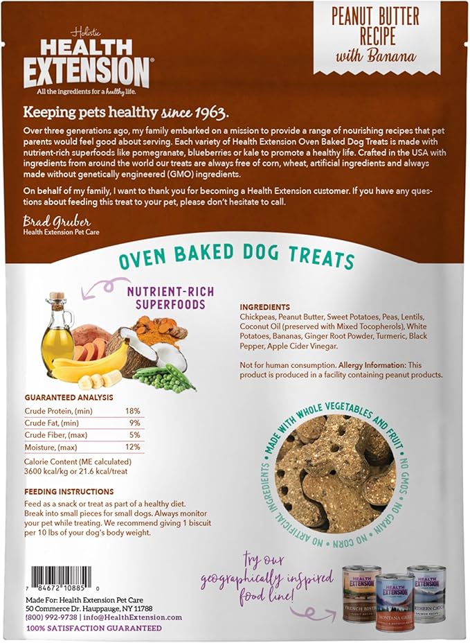Health Extension Oven-Baked Dog Treats, 2.25lb (1.02kg), Peanut Butter & Banana Recipe – Gluten & Grain-Free, Superfood-Infused, Crunchy Biscuits for Puppy Training