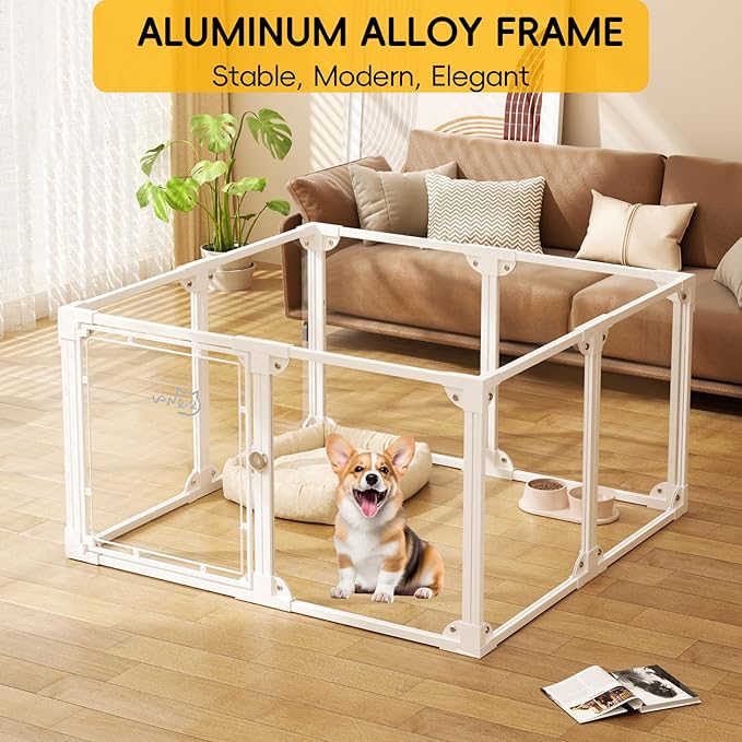 Clear Acrylic Metal Dog Playpen Indoor, Easy Assemble Transparent Puppy Playpen, Expandable & Durable Dog Fence for Small and Medium Dogs (30.3" H, 8PCS)