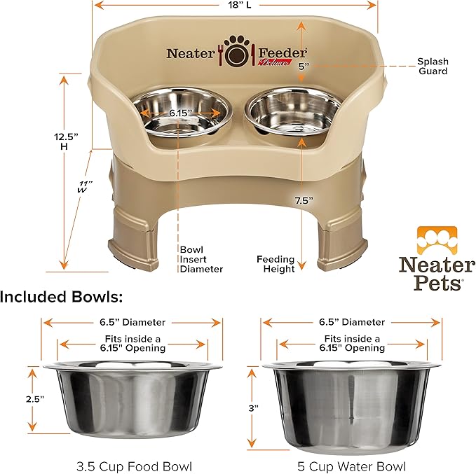 Neater Feeder Deluxe Mess Proof Dog Bowls Elevated Medium Sized Dogs (19-40 lbs) Made in USA, No Spill Raised Dog Food Bowl Stand w/Leg Extension, Stainless Steel Food and Water Bowl Set, Cappuccino