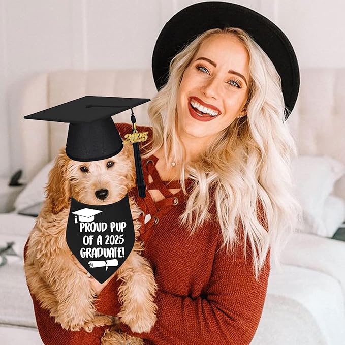 STMK Dog Graduation Cap and Bandana With 2025 Tassels - Outfits and Gifts for Small, Medium, Large Dogs (Black, Cap & Proud Pup of A Graduate)