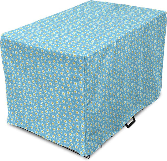 Lunarable Yellow and Blue Dog Crate Cover, Graphic Daisies Chamomiles Summer Nature Pattern with Dots, Easy to Use Pet Kennel Cover for Medium Large Dogs, 42 Inch, Aqua Marigold White