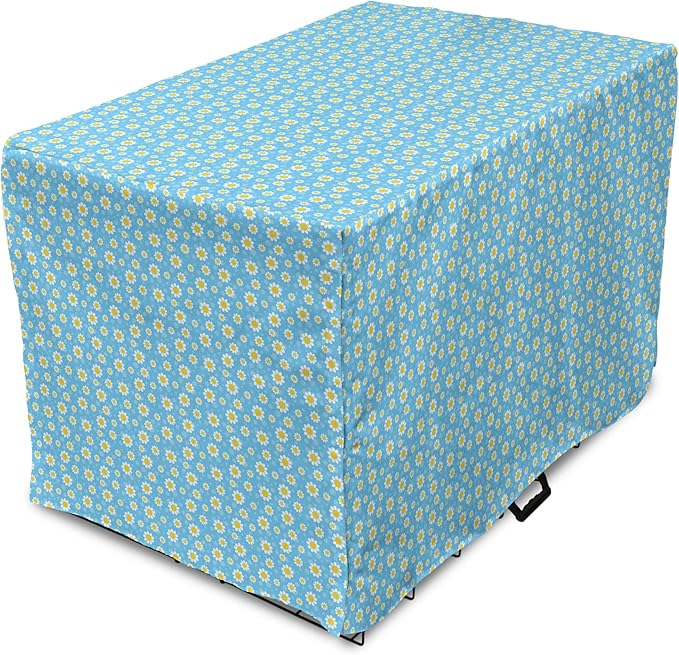 Lunarable Yellow and Blue Dog Crate Cover, Graphic Daisies Chamomiles Summer Nature Pattern with Dots, Easy to Use Pet Kennel Cover for Cats & Medium Dogs, 30 Inch, Aqua Marigold White