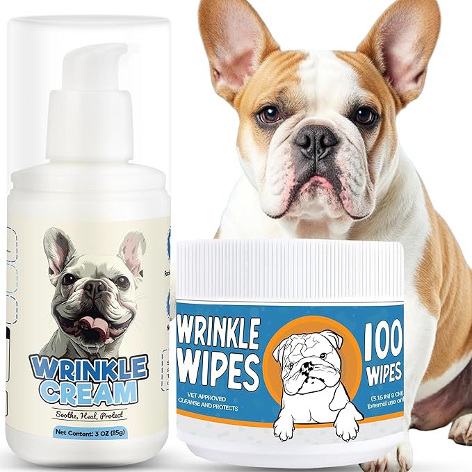 Bulldog Wrinkle Wipes & Cream Combo – Dual‑Texture Dog Face Wipes & Soothing Wrinkle Paste – 100 Wipes + 85 g Cream