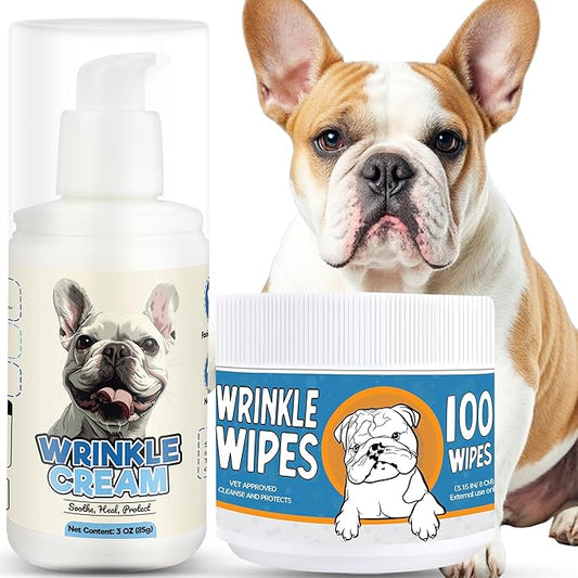 Bulldog Wrinkle Wipes & Cream Combo – Dual‑Texture Dog Face Wipes & Soothing Wrinkle Paste – 100 Wipes + 85 g Cream