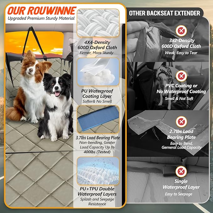 Back Seat Extender for Dogs-Large Space, Dog Car Seat Cover Hard Bottom Holds 400lbs, Sturdy Backseat Extender for Dogs, Waterproof Dog Hammock for Car Dog Car Bed for Car, SUV, Truck Khaki