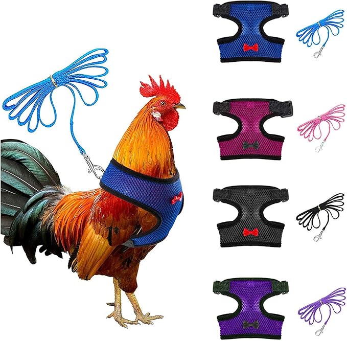 4 Pcs Adjustable Chicken Harness with Leash- 4 Styles Comfortable Hen Vest Breathable Mesh Training Harness and Leash for 2.5-3.6 Lb Duck Goose Hen Small Pets